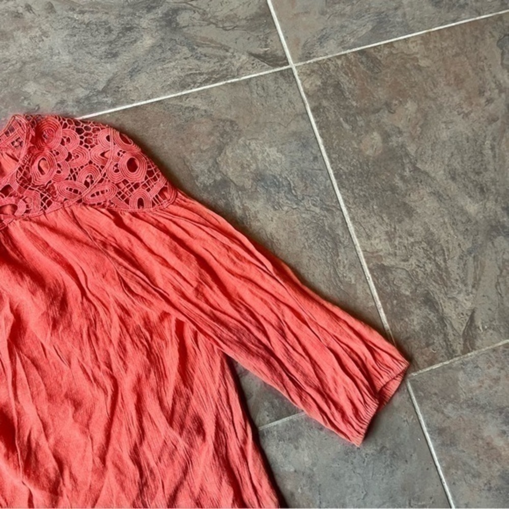 Zac & Rachel Woman Coral Boho Crochet Yoke Peasant Blouse Top Large Cottagecore - Picture 6 of 8